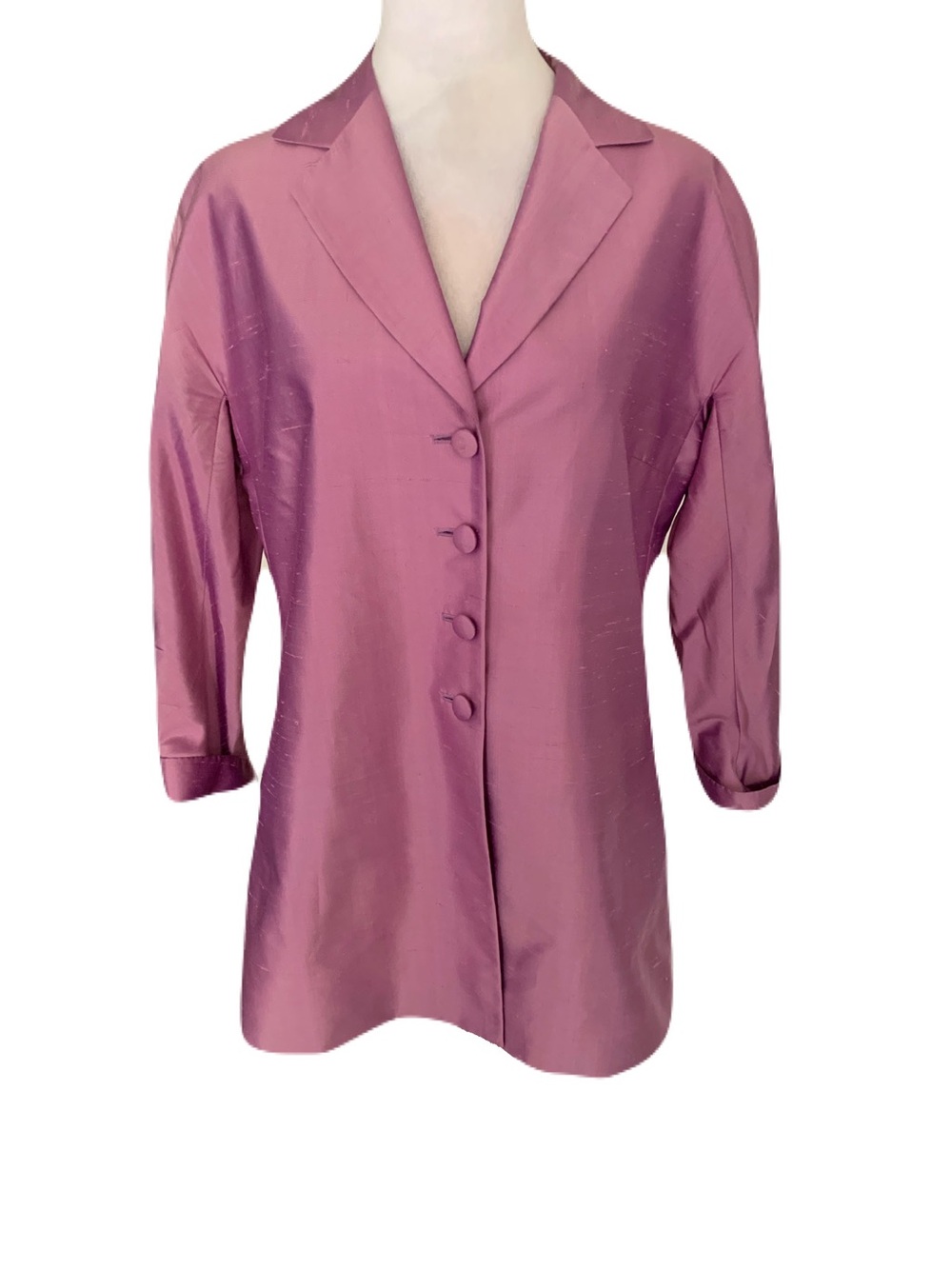 Vintage Lafayette 148 New York Size 12 Metallic Shift Purple Silk Long Blazer